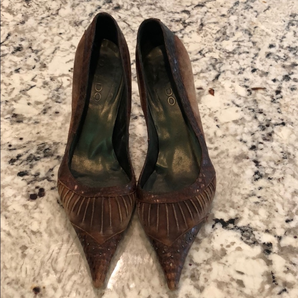 Brown suede and leather stilettos